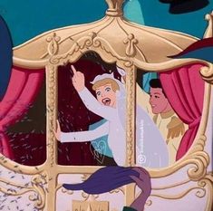 the princess and the frog are riding in a carriage with their arms up to each other