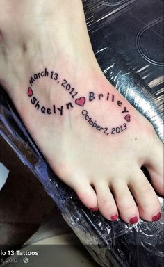 a person with a tattoo on their foot that reads march 2013, brisby