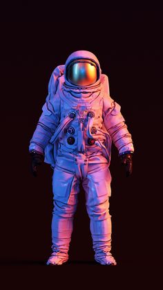 an astronaut suit is lit up in pink, blue and purple lights on a black background