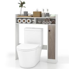 a white toilet sitting next to a wooden shelf