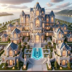 this is an artist's rendering of a mansion in the middle of a lake