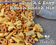 quick and easy ranch snack mix with pretzels, cheetos or crackers