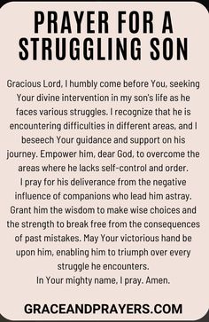 a prayer for a struggling son with an image of the words in black and white