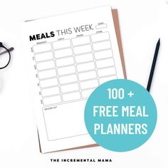 the meal planner is next to a cup of coffee and glasses on a white surface