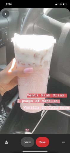 a person holding up a drink in their hand with the caption, venti pink drink 2 pumps of vanilla