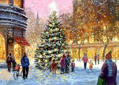 a painting of people walking in the snow near a christmas tree