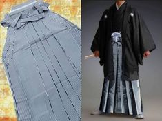 "This is a traditional men's hakama samurai skirt in dark blue-black and pale grey pinstripes!  The top part has slits on the sides and very long ties to make it adjustable and tied with a built in belt in the traditional way, so one size fits many. This is what Samurai and noblemen traditionally wore.  Thre two types of hakama are divided Umanori, and 'horse-riding hakama' and undivided Andon hakama 'lantern hakama'. This is the Andon skirt type. It is very wide and flexible at bottom for ease Hakama Pants, Japanese Samurai, Kendo, Kilt, Types Of Skirts, Japanese Fashion, Horse Riding, Grey Stripes, Black Grey