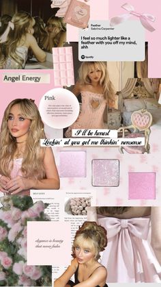 a collage of photos with pink and white