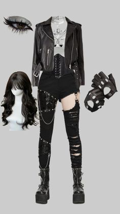 #lookrockstar Girly Punk Rock Aesthetic, Goth Wrestling Gear, Biker Fit Women, Rockstar Women Outfits, Girly Biker Outfits, Dark Cyberpunk Outfit, Punk Witch Outfit, Rockstar Outfits For Women, Emo Inspired Outfits