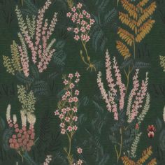 a green background with pink and yellow flowers on the left side of the image is an illustration of ferns, daisies, and other plants