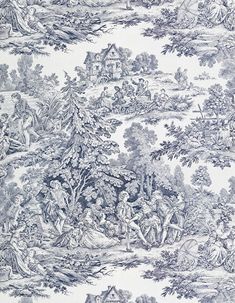 a large blue and white toiler wallpaper with people in the woods on it