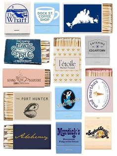 many matches are stacked on top of each other with different logos and colors in them