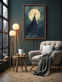 a living room with a chair, lamp and painting on the wall