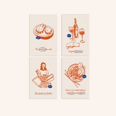 four different types of food are shown in red and blue ink on white paper, each with an image of a woman holding a glass of wine