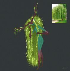 an image of a tree with green leaves on it's branches and a photo of a woman in the background