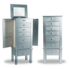 two silver jewelry cabinets with mirrors and drawers on each side, one is open to reveal a mirror