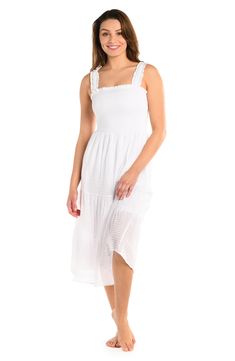 Feel breezy in this ruffled cover-up sundress featuring a smocked bodice and handy pockets. 46" length (size medium) Square neck Elasticized straps 80% rayon, 15% nylon, 5% polyester Hand wash, line dry Imported lined Flowy Smocked Back Sundress For Summer, Casual Ruched Maxi Dress For The Beach, Casual Ruched Maxi Dress For Beach, Flowy Summer Sundress With Smocked Back, Breezy Midi Dress With Smocked Bodice, Daywear Smocked Dress With Ruched Ruffled Straps, Ruched Smocked Dress With Ruffled Straps For Daywear, Sundress Style Midi Length Beach Dress, Flowy Midi Sundress With Smocked Back