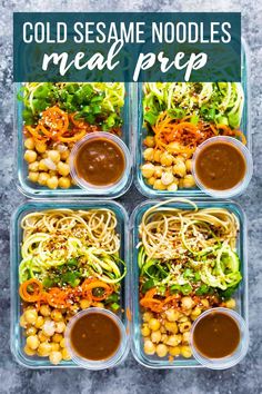 four plastic containers filled with food and sauces on top of a gray countertop