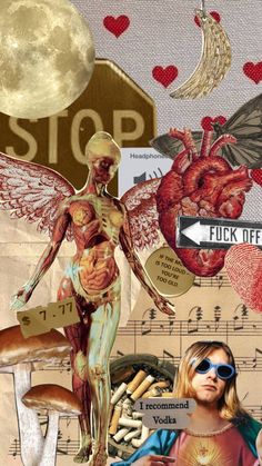 a collage of various images including a human figure, music notes and heart shaped objects