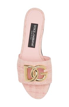 A bold, interlocking logo helps bridge the top strap of this overtly Italian slide sandal crafted from breezy raffia. Textile upper/leather lining and sole Made in Italy Designer Shoes Designer Sandals Aesthetic, Cute Summer Shoes Aesthetic, Pink Louis Vuitton Sandals, Flat Slippers For Women Fashion, Luxury Pink Mules For Summer, Luxury Pink Summer Mules, Luxury Summer Slides With Buckle Closure, Luxury Open Toe Sandals With Woven Sole, Designer Slip-on Mules For Beach