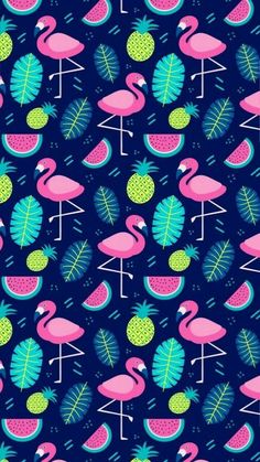 a blue background with pink flamingos and palm leaves on it's sides, in bright colors