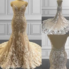 three different styles of wedding dresses on mannequins, one in gold and the other in champagne