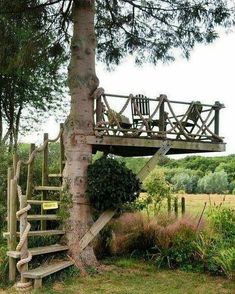 a tree house built into the side of a tree in a field with stairs leading up to it