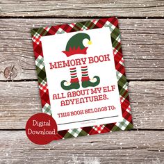 an elf themed book cover with the text, memory book all about my elf adventures this book belongs to