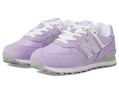 New Balance Kids 574 (Little Kid/Big Kid) - Kids Shoes : Lilac Glo/Bright Lavender 1 : Let your little one flaunt his sporty lifestyle by pairing outfits with the New Balance Kids 574 Sneakers. Crafted with a suede or mesh upper, fabric lining, and cushioned fabric insole, the sneakers offer the best of comfort and style. These are designed with a lace-up closure and New Balance logo detail on the side panel. Round toe. Rubber outsole. Imported. Measurements: Weight: 6 oz Product measurements we New Balance Purple Sneakers With Air Cushioning, New Balance Purple Sneakers With Round Toe, Purple Lace-up New Balance Sneakers, New Balance Kids Shoes, Sporty Lifestyle, New Balance Logo, Balance Logo, New Balance Kids, New Balance Shoes