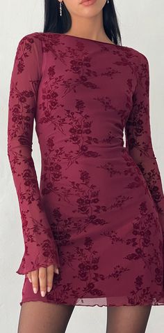 Botanical Flower Maroon Mini Dress | Sevila – motelrocks-com-us Vampire Girlfriend Outfit, Thrift Inspiration, Hoco Inspo, Stretch Mesh Fabric, Long Sleeve Mini, Long Sleeve Mini Dress, Flared Sleeves, Guest Dresses, Mesh Fabric