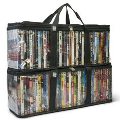 a large black bag filled with lots of dvd's on top of each other