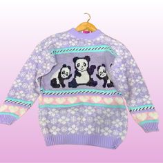 Fairy Kei Acrylic Pastel Sweater Panda Knit Sweater Size S Retro Purple Winter Sweater, Harajuku Style Graphic Print Winter Sweater, Fairy Kei Coats & Jackets, Vintage Purple Winter Sweater, Fairy Kei Sweaters & Cardigans, Pastel Sweater, Sweater Sizes, Knit Sweater, Color Purple