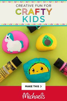 some rocks are painted with different colors and designs, including the words creative fun for crafty kids make this = michael's crafts