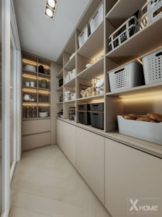 a kitchen with lots of shelves filled with food and storage containers on top of them