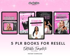 the 5 plr books for resell are on display in front of a pink background