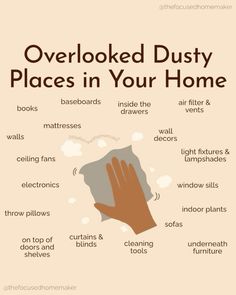 a poster with the words overloaded dusty places in your home and below it is an image of a hand