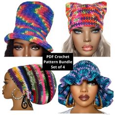 crochet patterns for hats and hair on mannequins with text reading pdd crochet pattern bundle set of 4