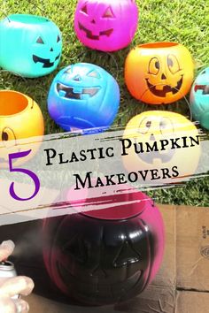 pumpkins with faces painted on them and the words, 5 plastic pumpkin makeovers