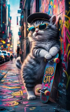 a cat with sunglasses and a skateboard leaning against a wall