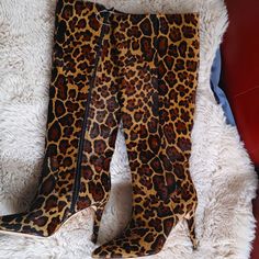 Never Used -Antonio Melani Dyed Calf Fur Boots In Cheetah Print... Leather Sock, Leather Lining, Leather Upper Must Go I Purchased These Boots Mistakenly Thinking They Were My Size, But I Have Never Used Them. They Were The Only Pair Left At Dillards, So I Bought Them Without Thinking. Now I Regret Verifying The Size. I Bought Them At $187.. Sale Starts At $150 Feel Free To Make An Offer... I Just Dont Want These Boots In My House Anymore. I Want Them Out But, They Are Stylish And I Wish They We High Heel Cowboy Boots, Grey Leather Boots, Tall Heeled Boots, Calf High Boots, Rider Boots, I Regret, Leopard Print Heels, Brown Suede Boots, Suede High Heels