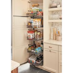 an organized pantry with lots of food in it