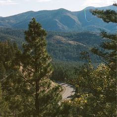 there is a rainbow in the sky above the trees and mountains on this mountaintop