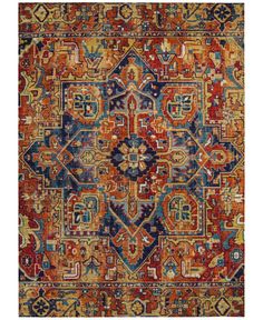 an orange, blue and red rug with many different designs on it's sides