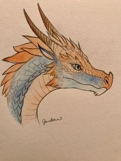 a drawing of a dragon's head with orange, blue and brown feathers on it