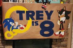 there is a sign that says trey is 8 and has sonic the cat on it