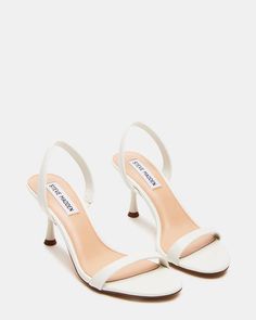 ELMA Ice Leather Slingback Strappy Kitten Heel | Women's Heels – Steve Madden Classy Kitten Heels, Steve Madden White Heels, Graduation Heels, White Strappy Heels, Feminine Shoes, Heels Aesthetic, Dr Shoes, Prom Heels, Kitten Heel Sandals