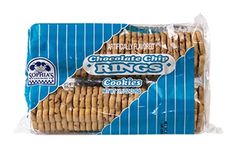 a bag of cookies with chocolate chip rings in the front and on the back side