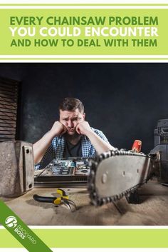 a man sitting at a table in front of a chainsaw with his hands on his face