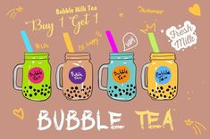 three mason jars filled with different types of drinks and the words bubble tea on them