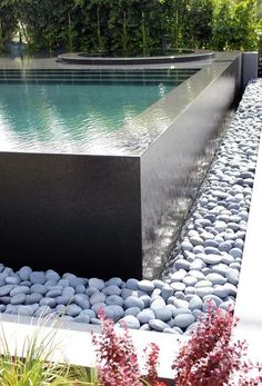 a pool surrounded by rocks and plants